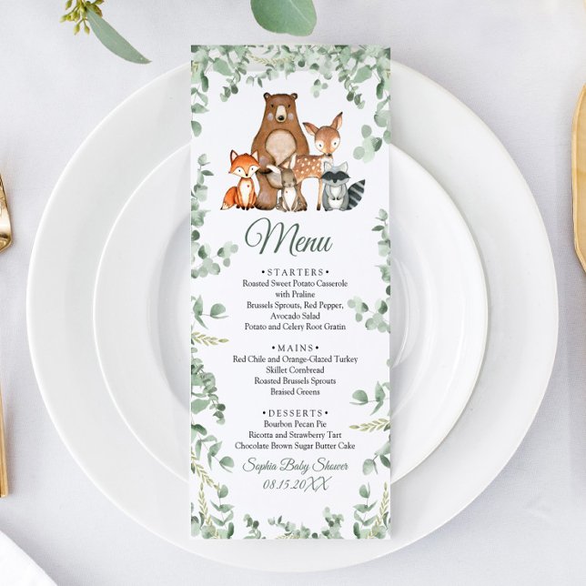 Woodland Animals Greenery Baby Shower Flat Menu (Criador carregado)