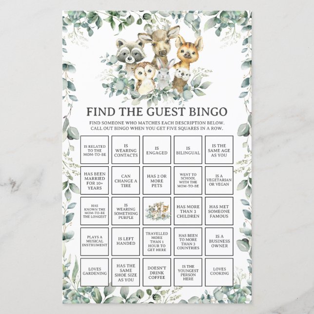 Woodland Animals Greenery Find the Guest Bingo (Frente)