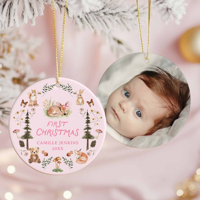 Woodland Baby Girl Primeiro Ornamento de Foto de N (Pink Baby Girl Christmas Photo Ornament)