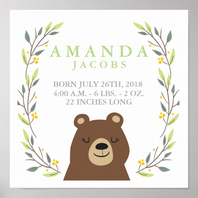 Woodland Bear Baby Stats Poster (Frente)