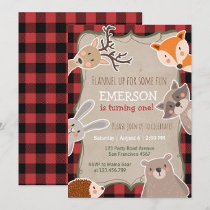 Woodland Birthday Convite Lumberjack Fox Bear