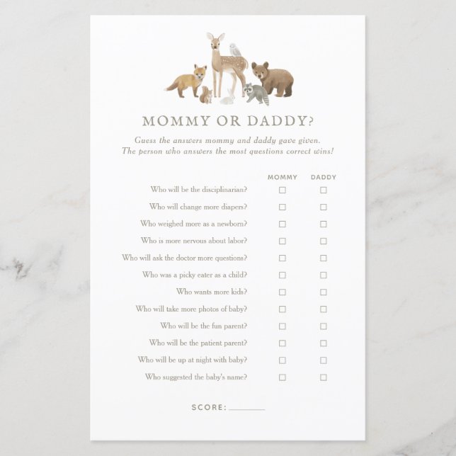 Woodland Chá de fraldas adivinha quem Mamãe ou jog (Frente)