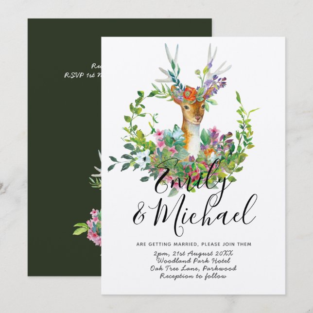 Woodland Deer Ilustrou Convite De Casamento Kraft (Frente/Verso)
