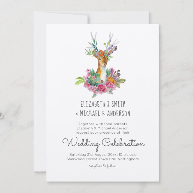 Woodland Deer Ilustrou Convites De Casamento (Frente)