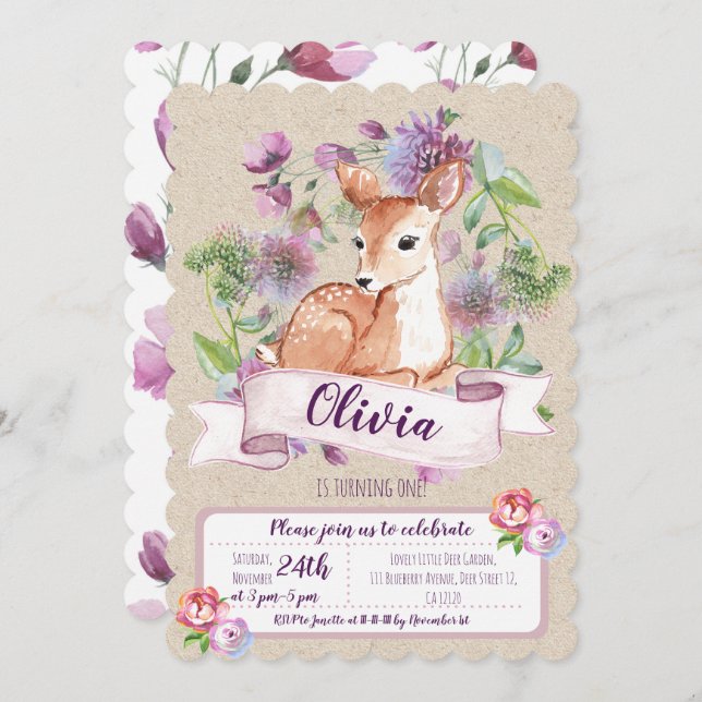 Woodland Deer primeiro convite de aniversário (Frente/Verso)
