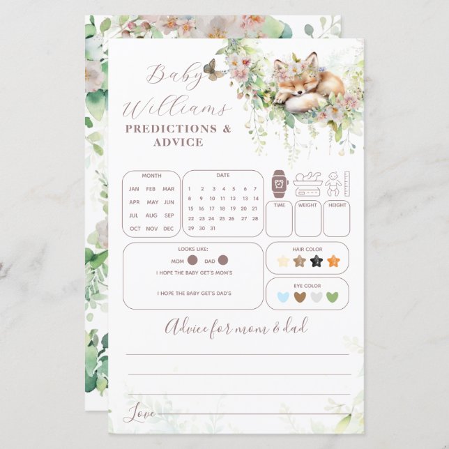 Woodland Floral Baby Predictions & Advice Game (Frente/Verso)