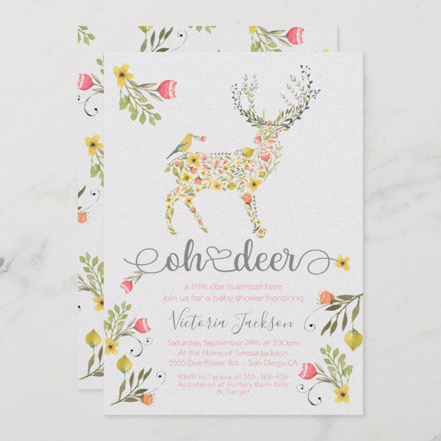 Woodland Floral Oh Deer Chá de fraldas Convite (Frente/Verso)