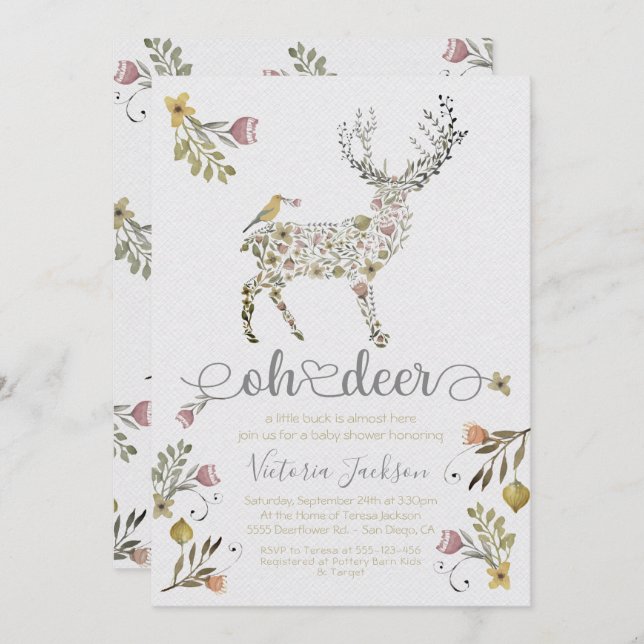 Woodland Floral Oh Deer Chá de fraldas Convite (Frente/Verso)