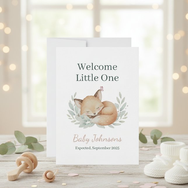 Woodland Fox and Owl Watercolor Baby Announcement  (Criador carregado)