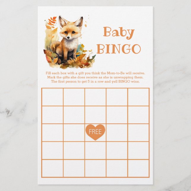 Woodland Fox Cute BINGO - Jogo de Chá de fraldas (Frente)