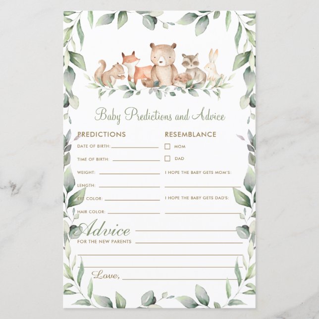 Woodland Greenery Baby Predictions and Advice Card (Frente)