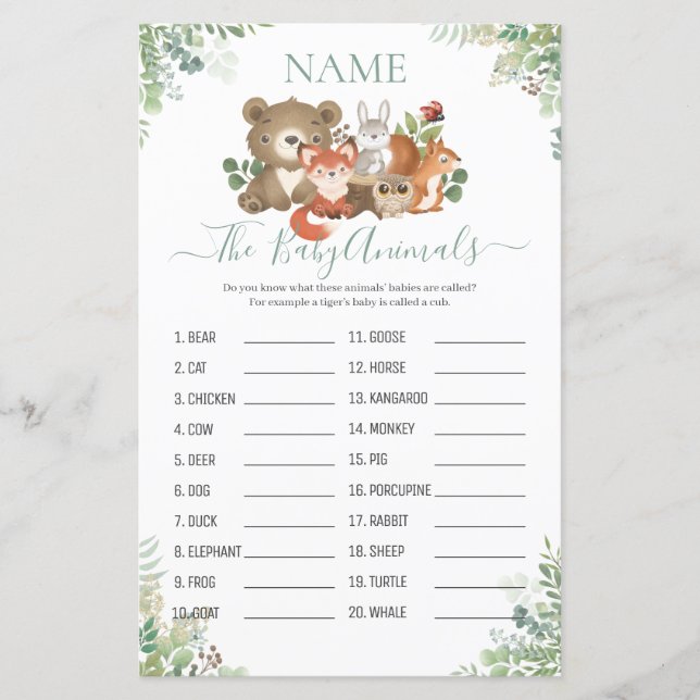 Woodland Greenery Chá Baby Animal Name Game (Frente)