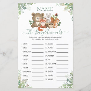 Woodland Greenery Chá Baby Animal Name Game