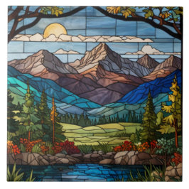 Woodland mountain scene vintage stain glass