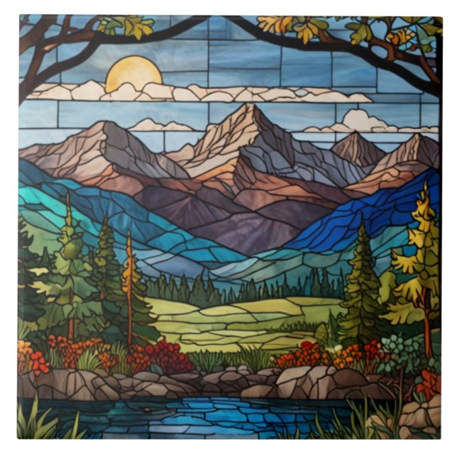 Woodland mountain scene vintage stain glass (Frente)