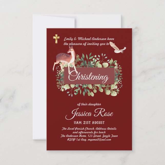 Woodland Owl Deer Christening Convida Baptismo (Frente)