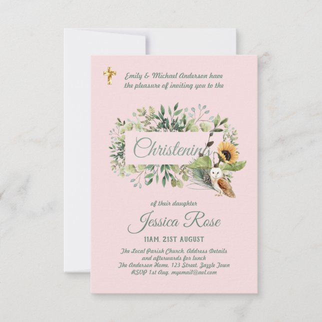 Woodland Owl Girls Christening Convida Baptism (Frente)