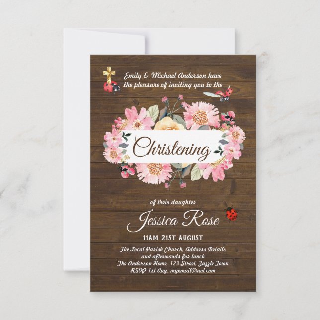 Woodland Pink Floral Christening Conite Baptism (Frente)