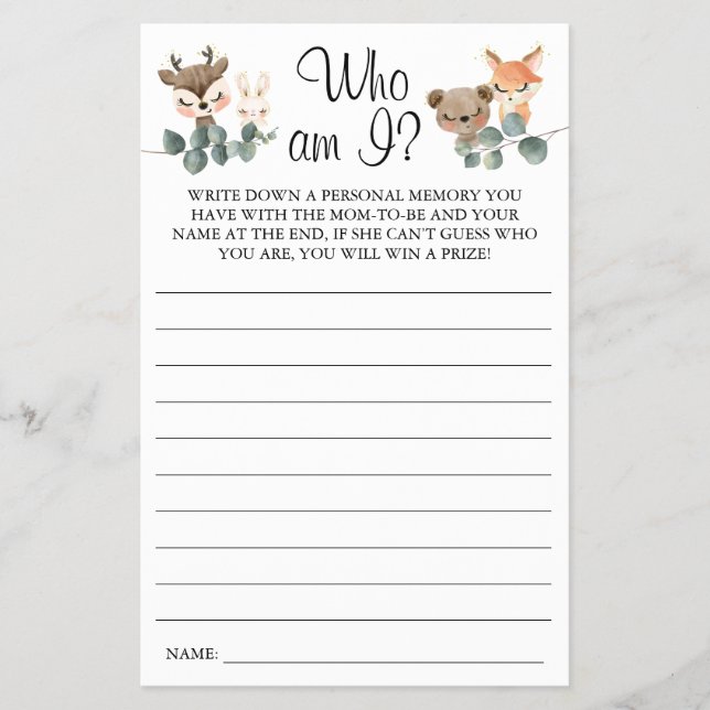 Woodland quem sou eu Chá de fraldas cartão de jogo (Frente)