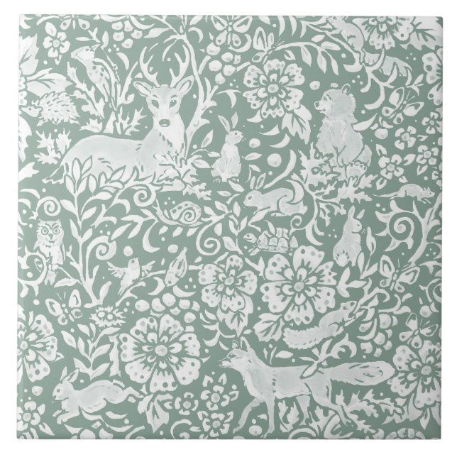 Woodland Sage Green Forest Animais Veados Raposa C (Frente)