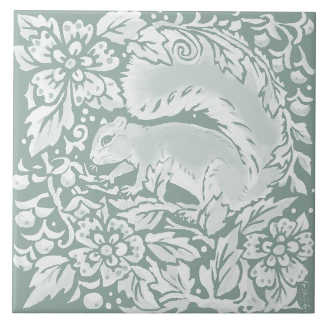 Woodland Sage Green Squirrel Nature Azulejo cerâmi (Frente)