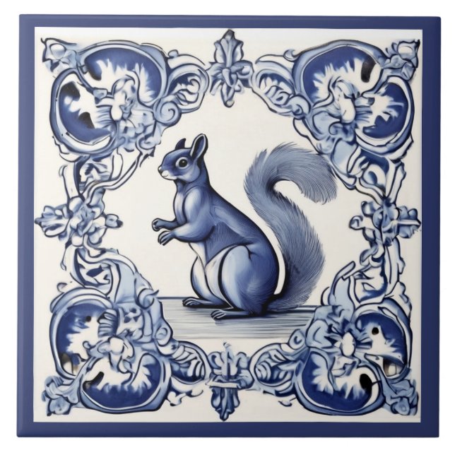 Woodland Squirrel Animal Art Marinho Azul e Branco (Frente)