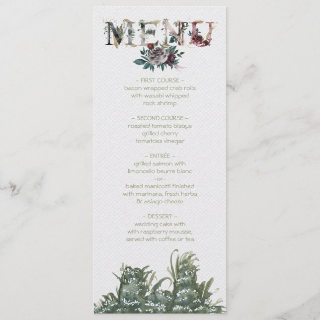 Woodland Watercolor Foliage Cartão de menu Casamen (Frente)