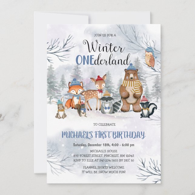 Woodland Winter ONEderland Birthday Convite (Frente)
