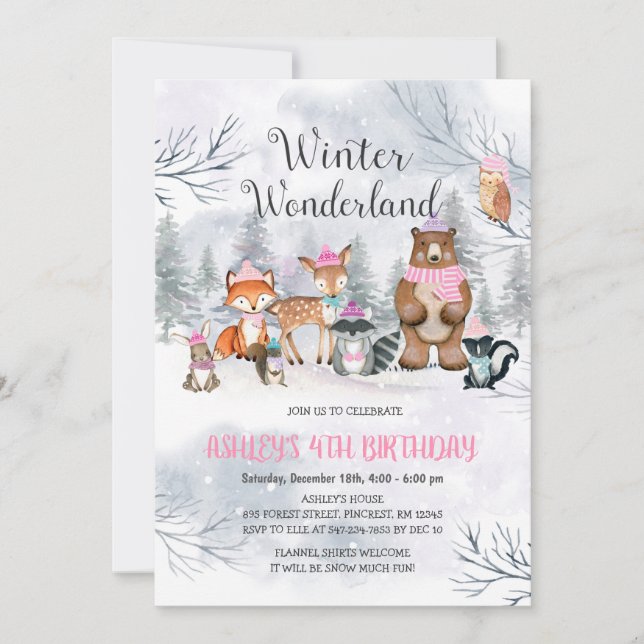 Woodland Winter Wonderland Birthday Convite (Frente)
