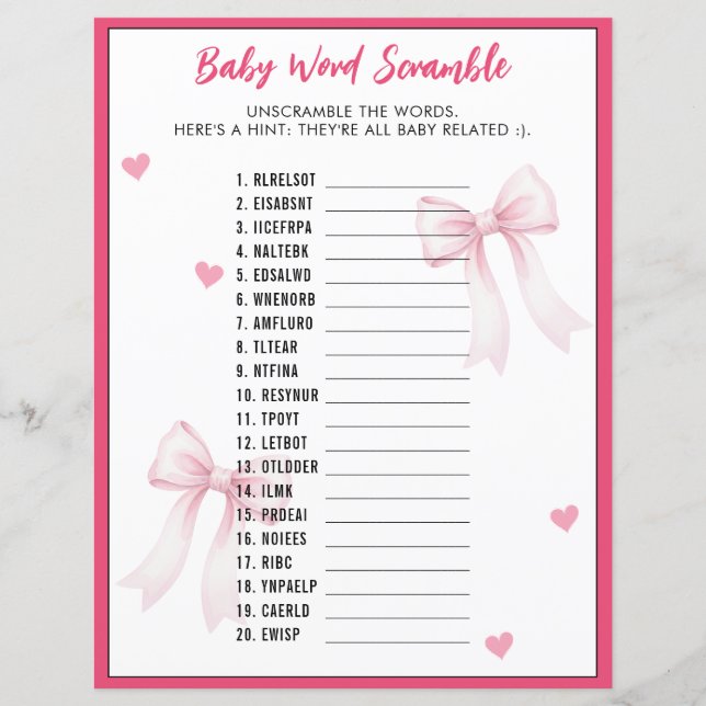 Word Scramble Baby Shower Game Pink Bow Ribbon (Frente)