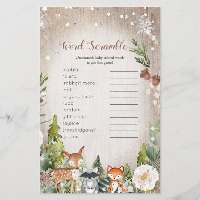 Word Scramble Game Winter Animais Woodland (Frente)