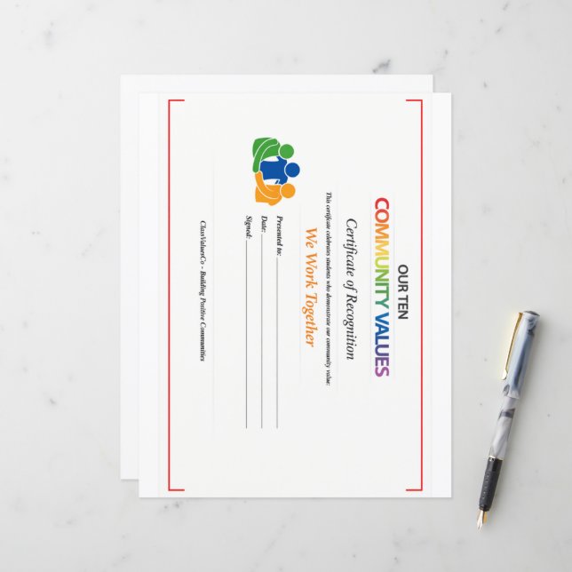 Work Together Value Certificate 8.5x11 Paper Sheet (Frente/Verso In Situ)