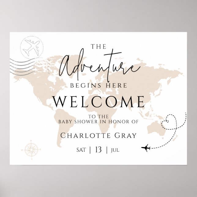 World map travel baby shower welcome sign poster (Frente)