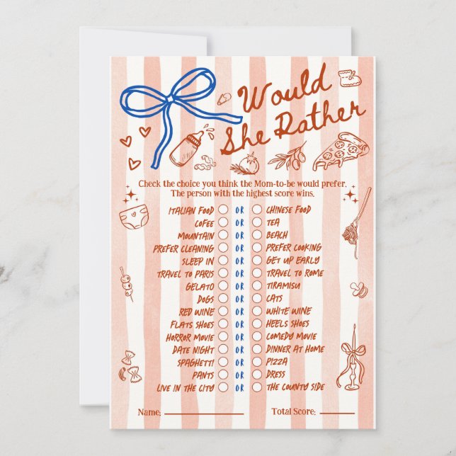 Would She Rather Baby Shower Game in Red Blue (Frente)