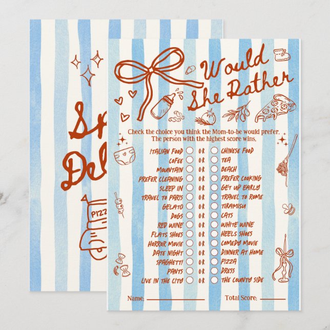 Would She Rather Baby Shower Game in Red Blue (Frente/Verso)