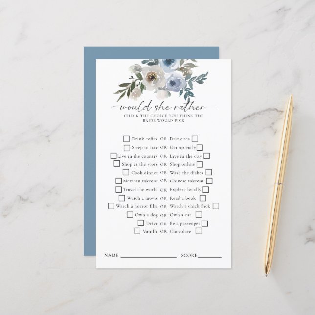 Would She Rather Bridal Shower Game Dusty Blue (Frente/Verso In Situ)