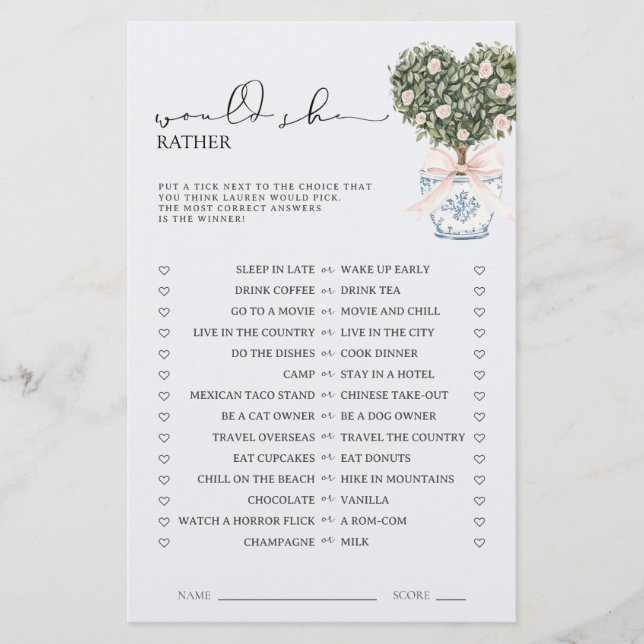 Would She Rather Chinoiserie Pink Shower Game (Frente)