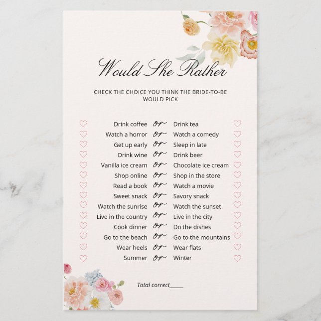 Would She Rather Floral Bridal Shower Game  (Frente)