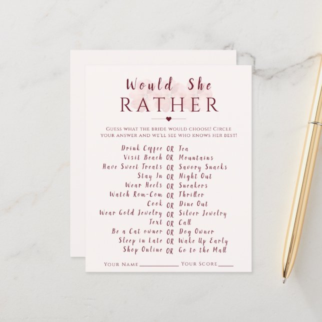 Would She Rather Floral Bridal Shower Game Card (Frente/Verso In Situ)