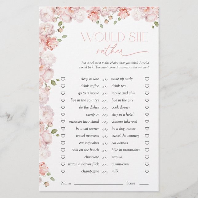 Would She Rather Floral Pink Bridal Shower Game (Frente)