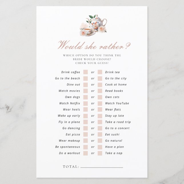 Would She Rather Tea Party Bridal Shower Game (Frente)