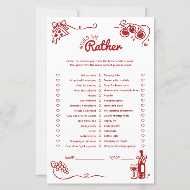 Would She Rather That's Amore Bridal Shower Game   (Frente)