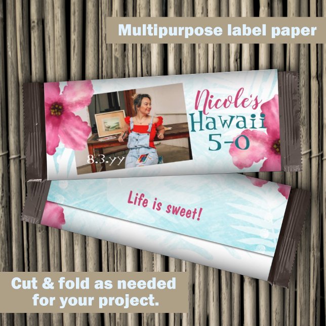 Wrapper Rosa Havaí 5-0 50th Birthday Candy Bar (pink turquoise hawaii 5-0 50th birthday party chocolate candy bar wrappers, personalized customized)