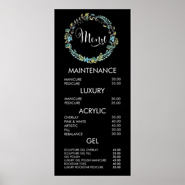 Wreath Floral Menu Salon Price List Wall Poster (Frente)
