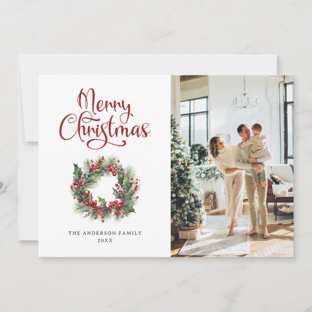Wreath Holly Berries Foto Feliz Cartão de Natal (Frente)