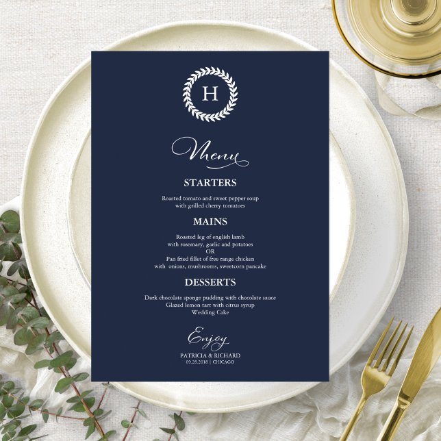Wreath Monogramas Cartões de menu de casamento Mar (Criador carregado)