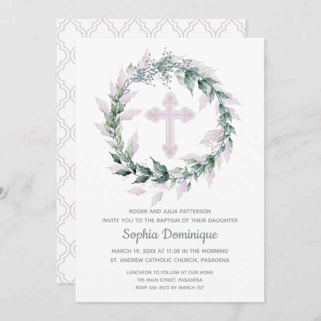 Wreath Watercolor Pink Cross Baptism Convites (Frente/Verso)