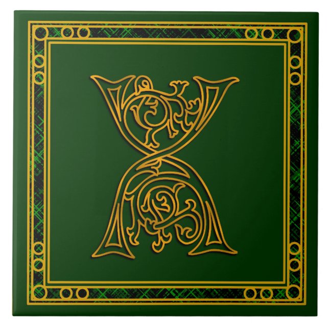 X Monograma "Irlandês Dourado em Verde" Azulejo ce (Frente)