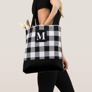 Xadrez de búfalo preto e branco Monograma Tote Ba