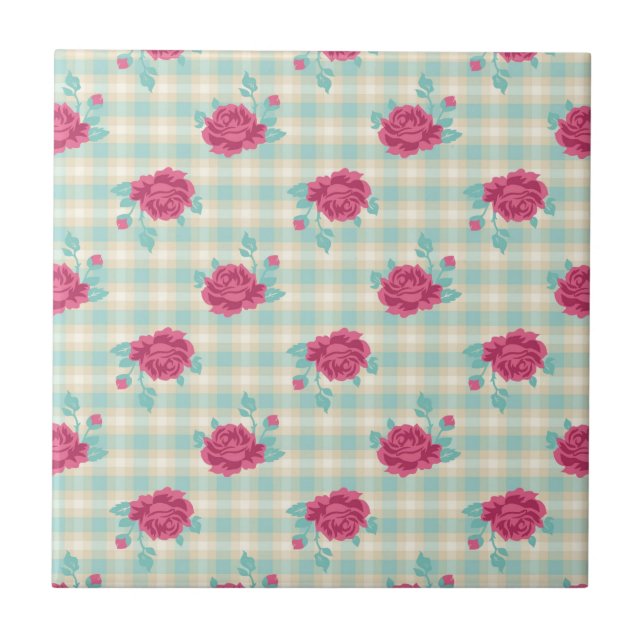 xadrez de gingham e padrão de rosas quic rosa-quen (Frente)
